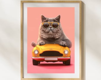 Grey Cat Car Wall Art Digital File Download, Grey Cat Sunglasses Wall Print, Digital Art Prints Download, Cat Wall Decor Instant Download