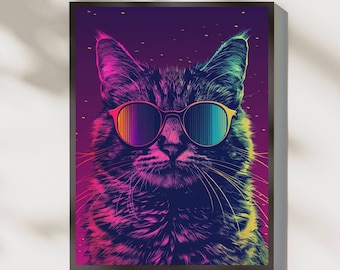 Cat Wall Art Digital File Download, Cool Cat Sunglasses Portrait Wall Print, Digital Art Prints Download, Grey Cat Clip Art Instant Download