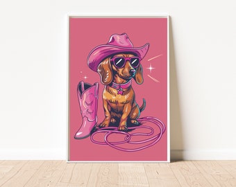 Impressão de parede de Dachshund Diva Cowboy Dachshund Arte de parede Download de arquivo digital Wiener Dog Impressão de parede Rosa Dachshund Impressão digital Download