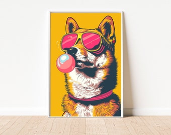 柴犬のバブルガム ウォール アート、デジタル ファイルのダウンロード、柴犬のウォール プリント、バブルガムを吹く柴犬、デジタル プリントのダウンロード、犬のアート