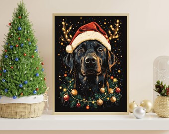 Labrador negro para Navidad, impresión navideña de perro, arte navideño de Labrador negro, arte de pared imprimible de Labrador negro, impresión de arte navideño de perro lindo, arte imprimible
