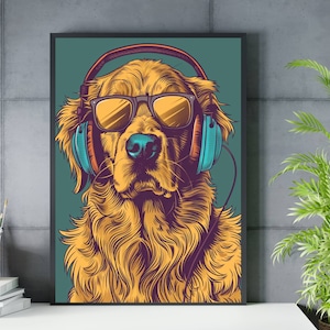 Golden Retriever Headphones Wall Art, Digital File Download, Golden Retriever Dog Wall Print, Retriever, Digital Prints Download, Dog Art
