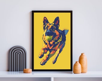 Pelota de tenis pastor alemán, arte de pared, descarga de archivos digitales, impresión de pared de perro pastor alemán, pastor alemán, descarga de impresiones digitales, arte del perro