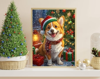 May include: A corgi dog wearing a red and white Santa hat and a red and black scarf sits in front of a Christmas tree with presents. The dog is looking at the viewer.