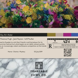 May include: Movie poster for the film "Midsommar" directed by Ari Aster. The poster features a close-up of a floral arrangement with a variety of colorful flowers. The film's title, director's name, and cast are listed at the bottom of the poster. The poster also includes the film's rating, release date, and production companies.