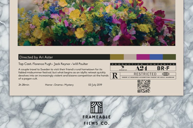 May include: Movie poster for the film "Midsommar" directed by Ari Aster. The poster features a close-up of a floral arrangement with a variety of colorful flowers. The film's title, director's name, and cast are listed at the bottom of the poster. The poster also includes the film's rating, release date, and production companies.