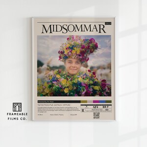 May include: A movie poster for the film "MIDSOMMAR" featuring a woman wearing a flower crown and a floral dress. The poster is in a vintage style with a white background and black text. The film is rated R and was released in 2019.