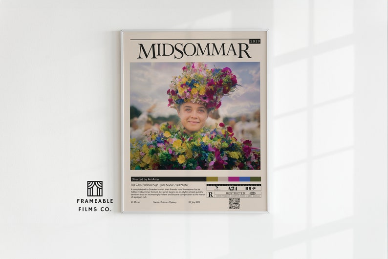 May include: A movie poster for the film "MIDSOMMAR" featuring a woman wearing a flower crown and a floral dress. The poster is in a vintage style with a white background and black text. The film is rated R and was released in 2019.