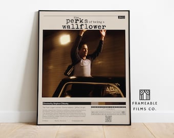 May include: A movie poster for the film "The Perks of Being a Wallflower" featuring a young man standing on the back of a car with his arms raised in the air. The poster is in a black frame and has a white background with the title of the film in black text. The poster also includes the year 2012, the director's name, and the cast.