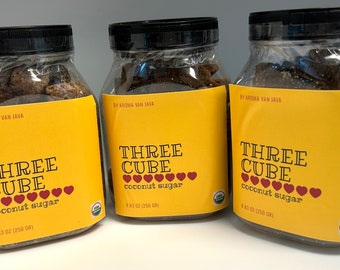 Organic Coconut Sugar Cubes, 8.83 OZ (250 GR) - 3 Jars, European Style Coco Sugar From Java, Rough Cut Coconut Sugar