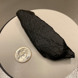 May include: A black, irregularly shaped rock with a rough, textured surface. The rock is about the size of a quarter.