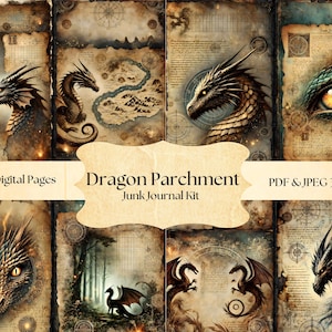May include: A digital junk journal kit with 13 pages featuring dragon illustrations and parchment-style backgrounds. The kit includes PDF and JPEG files at 300 DPI.