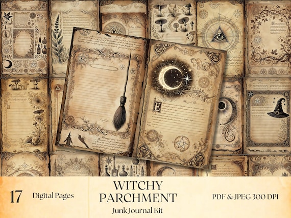 Witchy Parchment Junk Journal Kit, DIY Spellbook, Enchanted Scrapbook pages, Witch Collage, Magical Papers, Witchcraft diary, Pagan Journal