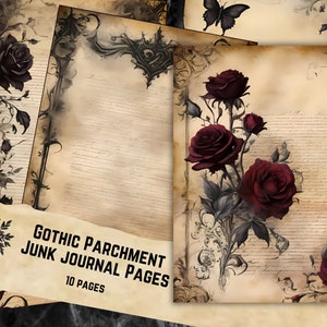 Gotische perkament digitale papieren set - romantisch inktscript voor junk journaling, scrapbooking, print thuis, vintage rose ontwerpen, gothic craft