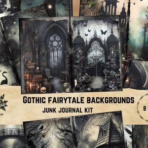Peut inclure: Un kit de journal de rebut numérique avec 8 pages de fonds de contes de fées gothiques. Les fonds présentent des scènes sombres et humides avec des éléments comme des portes, des fenêtres et des escaliers.