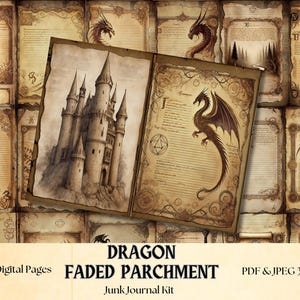 Kit de diario basura con pergamino descolorido de dragón: imprimibles de fantasía medieval, papel de dragón vintage, efímeras de castillos y magia, páginas de álbum de recortes de juegos de rol