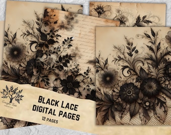 Black Lace Digital Paper: Vintage Goth Junk Journal Pages (Digital Download)