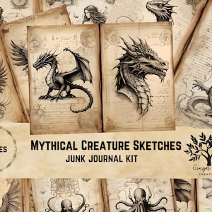 Mythical Creature Sketches Junk Journaling Kit, Digital Download, Print at Home, Fantasy Scrapbook Pages, Dragon, Mermaid, Chimera, Kraken