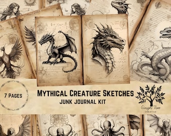 Mythical Creature Sketches: Junk Journal Kit (Digital Download)