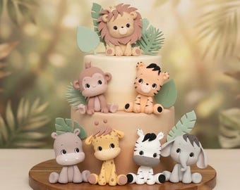 Adorno para tarta con animales de safari: león, elefante, jirafa, cebra, mono, tigre y guepardo. Hecho de arcilla ligera.