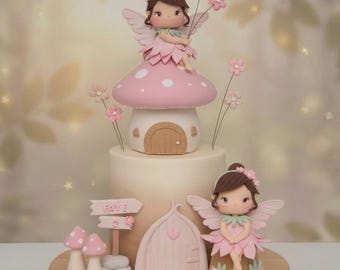May include: A whimsical cake featuring fairy figurines and mushroom-shaped decorations. The cake is adorned with a pink mushroom house, a fairy holding flowers, and additional fairy and mushroom accents. The color palette includes pink, white, and brown.