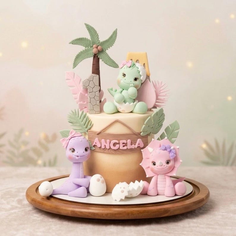 Puede incluir: Un pastel decorado con figuras de dinosaurios, una palmera y el nombre "Angela". El pastel presenta un dinosaurio verde saliendo de un huevo, un dinosaurio morado y un triceratops rosa. El pastel est&aacute; sobre una bandeja de madera.
