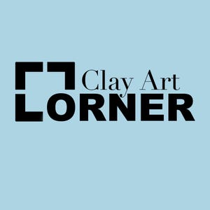 May include: The Clay Art Corner logo features black text and a geometric design on a light blue background. The word "CORNER" is in a bold, sans-serif font, with "Clay Art" in a smaller, elegant serif font.