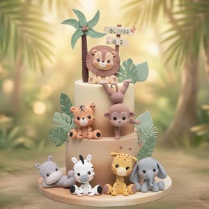 May include: A multi-tiered cake decorated with jungle animal figurines. The cake features a lion, monkey, tiger, zebra, giraffe, hippo, and elephant. The top tier has a sign that reads "Oliver is 2". Green leaves and a palm tree complete the jungle theme.