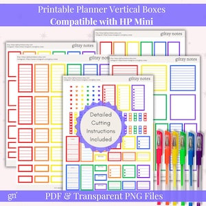 May include: Printable planner vertical boxes compatible with HP Mini. The image shows several sheets with colourful boxes, lines, and shapes. The text "glitzy notes" appears on the sheets. The image also includes a set of colourful pens and the text "Detailed Cutting Instructions Included."