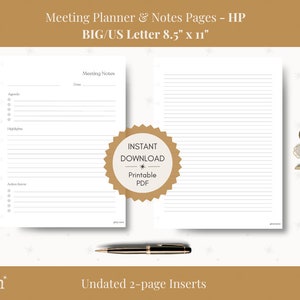 Könnte beinhalten: Zwei druckbare Seiten für einen Meetingplaner und Notizen. Die erste Seite hat Abschnitte für die Tagesordnung, Highlights und Maßnahmen. Die zweite Seite ist liniert für Notizen. Die Seiten sind 8,5 Zoll mal 11 Zoll groß.