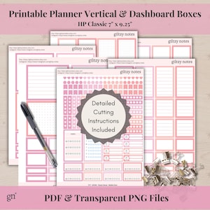 May include: Printable planner vertical and dashboard boxes for a Happy Planner Classic size 7 inches by 9.25 inches. The planner pages are pink and white with a variety of boxes, grids, and stickers. The text "Detailed Cutting Instructions Included" is in a pink circle.