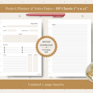 Könnte beinhalten: Ein druckbarer Projektplaner und Notizblock-Set für einen Happy Planner Classic im Format 7 Zoll x 9,25 Zoll. Die Planerseite enthält Abschnitte für Projektname, Fälligkeitstermin, Fertigstellungstermin, Ziele, Unteraufgaben, Aufgabenliste und ein Raster zur Fortschrittsverfolgung. Die Notizseite ist liniert.