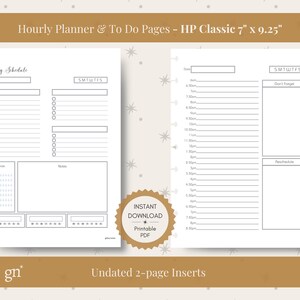 Könnte beinhalten: Druckbare Stundenplaner- und To-Do-Listen-Seiten für einen Happy Planner mit den Maßen 7 Zoll mal 9,25 Zoll. Die Seiten sind undatiert und haben ein schlichtes, minimalistisches Design mit grauen Linien und Text. Die Seiten sind für die tägliche Planung konzipiert und beinhalten Abschnitte für tägliche Aufgaben, Notizen und eine To-Do-Liste.