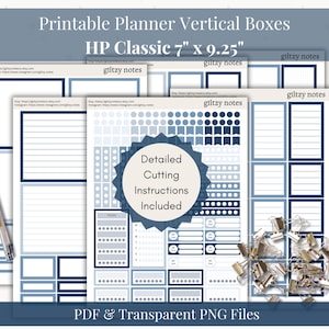 Könnte beinhalten: Druckbare vertikale Planerboxen für einen Happy Planner Classic in der Größe 17,78 cm x 23,49 cm. Die Boxen sind blau und weiß mit einem Muster aus Punkten und Quadraten. Der Text "glitzy notes" erscheint auf jeder Box. Der Text "Detaillierte Schneidanweisungen enthalten" erscheint in einem Kreis mit blauem Rand. Der Text "PDF- und transparente PNG-Dateien" erscheint am unteren Rand des Bildes.