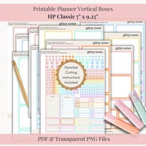May include: Printable planner vertical boxes for a HP Classic 7 inch by 9.25 inch planner. The planner pages are colorful and include a variety of boxes and sections for writing. The text "glitzy notes" appears on the pages. The text "Detailed Cutting Instructions Included" is on a brown circle.