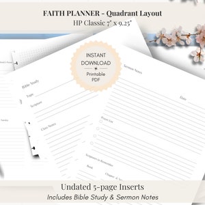 Puede incluir: Insertos imprimibles sin fecha de 5 páginas para un planificador de fe. Los insertos incluyen secciones para el estudio de la Biblia, notas de sermones y listas de oración. Los insertos están diseñados para un planificador HP Classic de 17,8 cm por 23,5 cm.