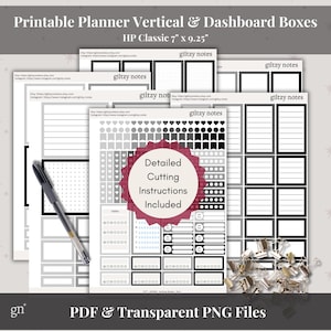 Può includere: Scatole per planner verticali e dashboard stampabili per l'organizzatore HP Classic da 17,8 cm x 23,5 cm. Le scatole sono in bianco e nero con accenti grigi. L'immagine include una penna, graffette e un foglio di adesivi di diverse forme e dimensioni.