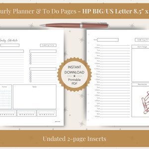 Könnte beinhalten: Druckbare Planerseiten für einen Tagesplan und eine To-Do-Liste. Die Seiten sind für einen US-Letter-Planer im Format 8,5 Zoll x 11 Zoll konzipiert. Die Seiten sind undatiert und haben ein schlichtes, minimalistisches Design.