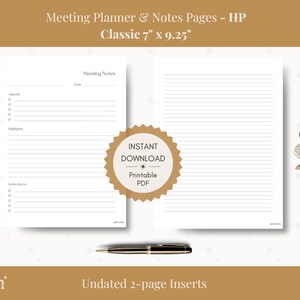 May include: Two printable pages for a meeting planner and notes. The first page has a section for agenda items, highlights, and action items. The second page is lined for note-taking. The pages are 7 inches by 9.25 inches and are labeled "Instant Download Printable PDF".