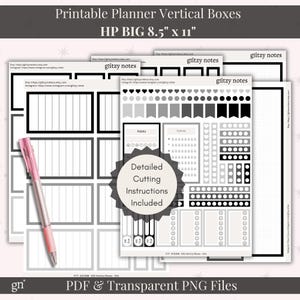 May include: Printable planner vertical boxes in gray and black with a grid pattern. The planner is 8.5 inches by 11 inches. The image also includes a sheet of stickers with various shapes and designs in gray and black.