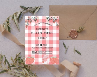 May include: Pink and white gingham birthday invitation with a strawberry and milk theme. The invitation reads "Join us to celebrate Maddison's Berry First Birthday, Sat 11 May at four o'clock in the afternoon, The Jumping Castle, Melbourne. RSVP by the 1st of February 2024 to Sarah's Mum."