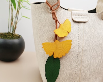 Handcrafted Ginkgo&green Leaf Leather Charm,Leather Bag Charm, Leather Handbag and Purse Charm,Unique leather accessory gift,Ginkgo Keychain