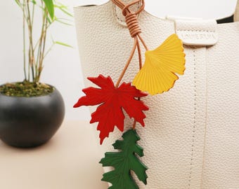 Genuine Mixed Leaf Leather Bag Charm, Handcrafted Leather Ginkgo Oak Maple Leaf Pendant for Bags, Keychains,eather accessory gift
