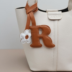 Handmade Flower Genuine Leather Initial Bag Charm,Leather  bag charm,Personalized Leather Monogram Letter Keychain,unique gift for mom
