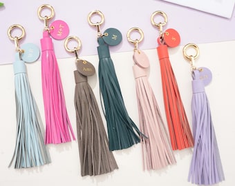 Personalized Leather Tassel Keychain, Handmade Initial Bag Charm-17cm