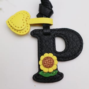 Personalized Genuine French Goat Leather Sunflower Initial Handbag Charm,Custom Handmade Keychain,40th anniversary Alphabet gift for parents