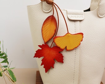 Handcrafted Mixed Autumn Leaf Leather Bag Charm, Leather Handbag and Purse Charm,Leather Ginkgo Oak Maple Leaf Pendant, Botanical Gift
