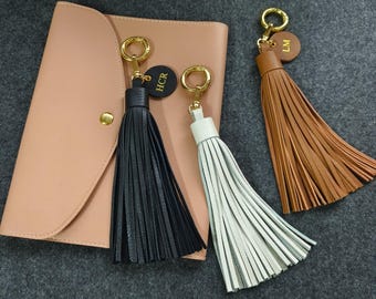 Custom Leather Tassel Keychain, Real Goatskin Leather Key Fob, Handmade Personalized Initial Bag Charm,Initials Charm Tassel Keychain-17cm