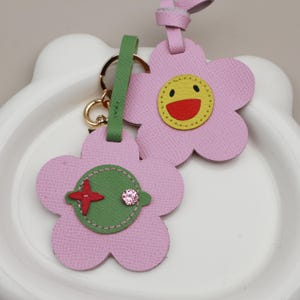 Genuine Leather Smile Flower Bag Charm, Happy Face Floral Purse Accessories,Cute pink flower Leather Keychain,Birthday Gifts For Her/Him
