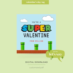 Druckbare Valentinstag Super Mario Favor Tag, Valentinstag Videospiel Geschenkanhänger, Gunst Super Mario Karte zum Valentinstag - Digitale Datei